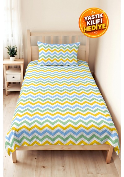 Mavi Zigzag Geometrik Genç Odası Tek Kişilik Pike Takımı-sarı Yeşil 160x220 Cm Kapitone Yatak Örtüsü Bohem Kireç Geçişi
