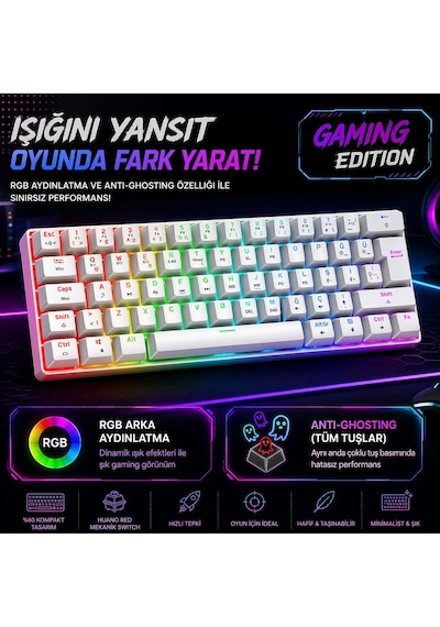 Kyra Mk61 Rgb Mekanik Gaming Oyuncu Klavyesi,%60 Kompakt, Bluetooth & 2.4g Kablosuz + Kablolu, Huano Red Switch, Türkçe Q,beyaz