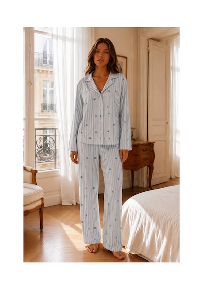 Fit Women Kadın Relax Fit Düğme Mavi Pijama Takımı