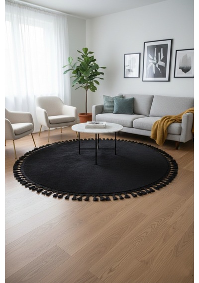 Comfort Yuvarlak Ponpon Saçaklı Peluş Halı Yatak Odası- Çocuk Odası- Antre- Yemek Odası Kaymaz Taban Siyah