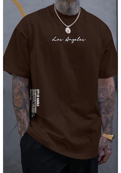 Uyguntarz Erkek Los Angles Baskılı Oversize Tshirt Kahverengi