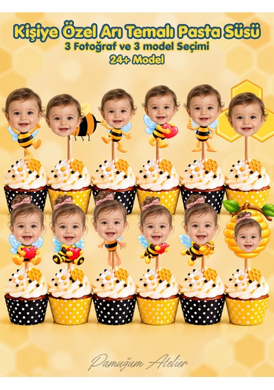 Pamuğum Atelier 12 Adet Kişiye Özel Fotoğraflı Arı Temalı Cupcake Süsü Bebek, Çocuk Doğum Günü Pasta Süsü