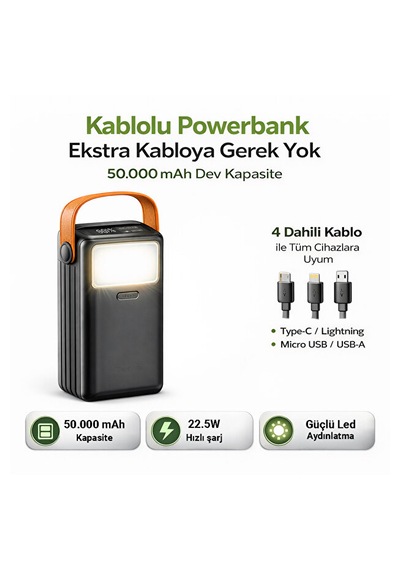 Cp-05 50.000mah 22.5w Süper Hızlı Şarj Powerbank - Dahili 4 Kablolu Ve Led Aydınlatmalı Harika Ürün Siyah