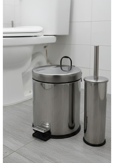 Paslanmaz Lüx Krom Banyo Seti - 5 Litre Pedallı Çöp Kovası Ve Wc Tuvalet Fırçası Takımı Krom