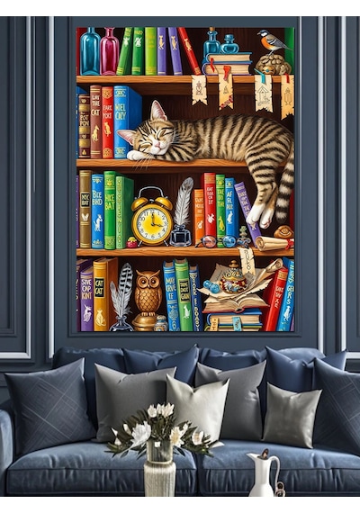 Ahşap Tablo Kitaplıkta Uyuyan Kedi Resmi