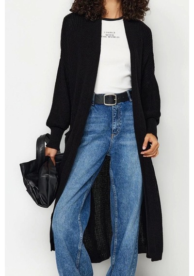 Frm Kadın Moda Şık Uzun V Yaka Regular Maxi Basic Triko Hırka Siyah