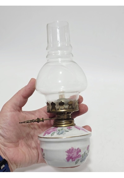 Çiçek Desenli Antika Porselen Gaz Lambası 026 Beyaz