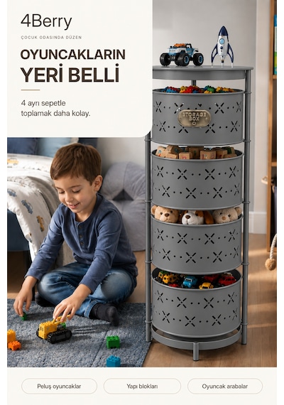 4 Katlı Metal Çok Amaçlı Düzenleyici Sepet Mutfak Sebzelik, Oyuncak, Banyo Ve Ev Organizeri Antrasit