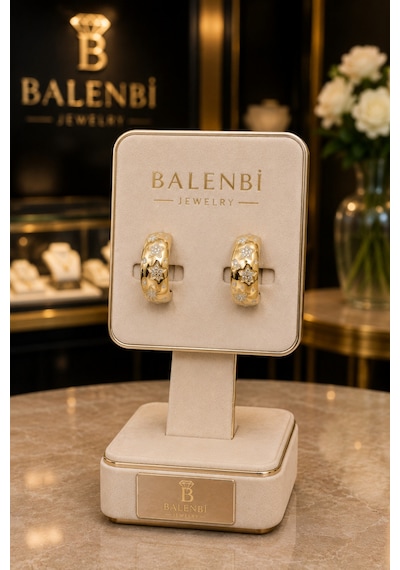 Balenbi Kadın Yıldız Desenli Taşlı Halka Küpe Gold Renk Paslanmaz Çelik Küpe 1057 Altın