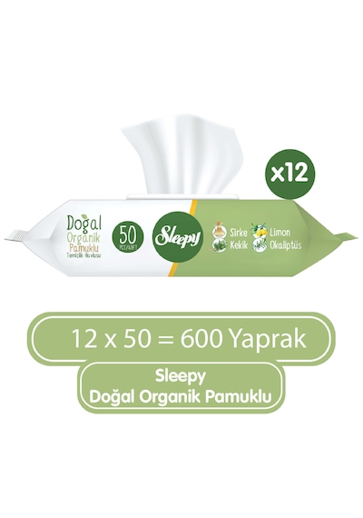 Sleepy Doğal Organik Pamuklu Temizlik Havlusu 12 x 50'li 600 Yaprak