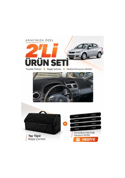 Suzukı Sx-4 2006-2014 Uyumlu Torpido Örtüsü + Tay Tüyü Bagaj Çantası + Sticker Seti - Siyah