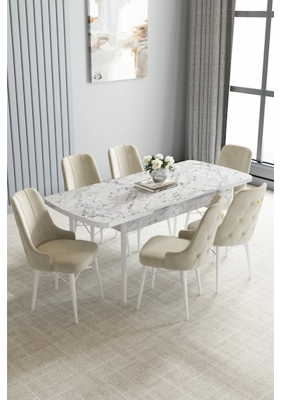 Zümra Serisi, Beyaz Mermer Desen 80x132 Açılabilir Mdf Mutfak Masası Takımı 6 Adet Sandalye Krem Zümra Serisi, Beyaz Mermer Desen 80x132 Açılabilir Mdf Mutfak Masası Takımı 6 Adet Sandalye Krem