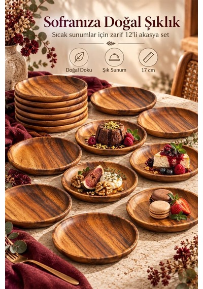 Atbyhome 12'li Akasya Ahşap Tatlı Tabağı Seti 17 Cm - Doğal Yuvarlak Pasta Çay Saati Sunum Tabağı Kahverengi