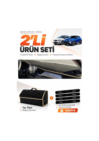 E-biz Renault Captur 2 2019-2024 Uyumlu Torpido Örtüsü + Tay Tüyü Çanta - Siyah-bej - Re036