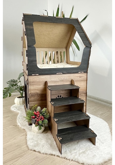 Mavitrend Ahşap Büyük Kedi Evi Xxl Açık Teraslı Model