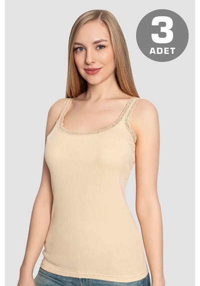 Astrid T Premium Günlük Üst Yazlık Giyim Yumuşak Bluz Kadın Dantelli Askılı Atlet Ten Rengi 3'lü Paket