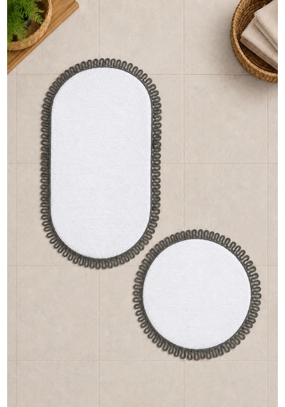 El Yapımı Bohem Banyo Paspası 2'li Peluş Kaymaz Jel Taban Yuvarlak 60x60 Cm Ve Oval 55x100 Cm Beyaz Gri
