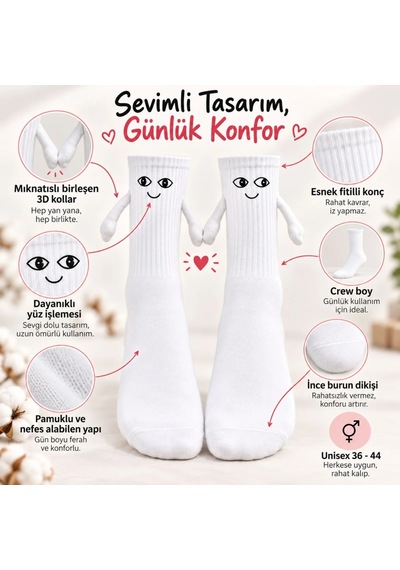 Womanandkids Wak Mıknatıslı El Ele 2'li Unisex Tutuşan Sevimli Çorap 36-44 Çift Hediyesi, Pamuklu Renkli Crew M Beyaz