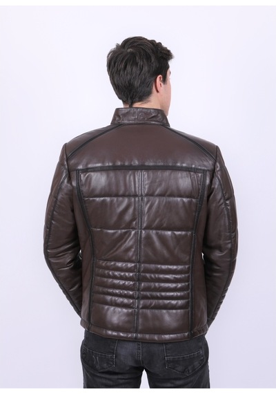 New Zaya Leather Erkek Hakiki Deri Şişme Deri Ceket Kahverengi