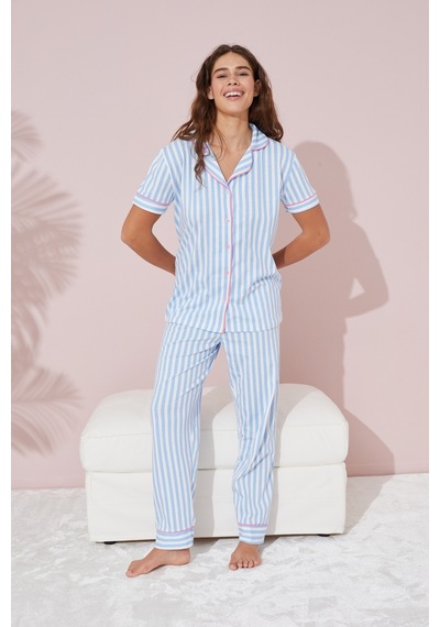Siyah İnci Pamuklu Likralı Düğmeli Pijama Takım Mavi Beyaz