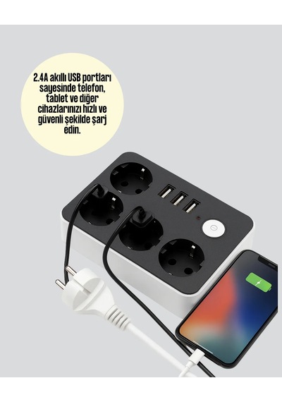 4 Prizli 3 Usb Portlu Anahtarlı Akım Korumalı Priz Diğer