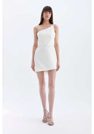 DeFacto Bodycon Vücudu Saran Tek Omuzlu Kolsuz Mini Abiye Elbise D3272AXNSWT32