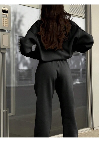 Basic Düz Fermuarlı Eşofman Takımı Sweatshirt Jogger - Siyah Oversize Şardonlu Dik Yaka Siyah Basic Düz Fermuarlı Eşofman Takımı Sweatshirt Jogger - Siyah Oversize Şardonlu Dik Yaka Siyah
