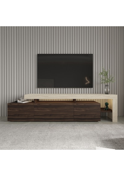 Beliz Modern Led Işıklı 3 Kapaklı, Raflı Tv Sehpası 192 Cm Traverten/ceviz