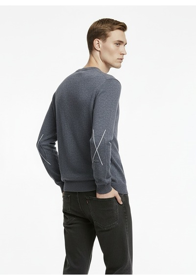 Alpha Studio Gri Erkek Bisiklet Yaka Regular Fit Kazak Au-3210c Pacth Crewneck Knıt
