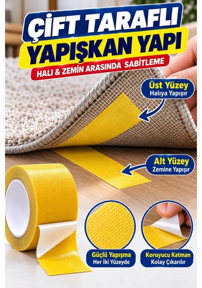 Çift Taraflı Halı Kaydırmaz Bant 25 Mm 5 Metre Bez Yapılı Halı Sabitleme Bandı