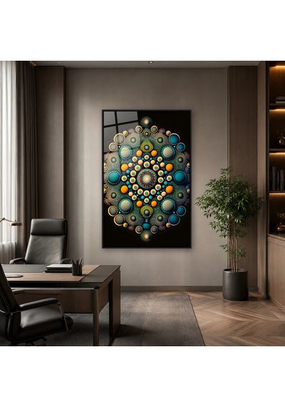 Turkuaz Turuncu Noktalı Mandala Siyah Çerçeveli Cam Tablo