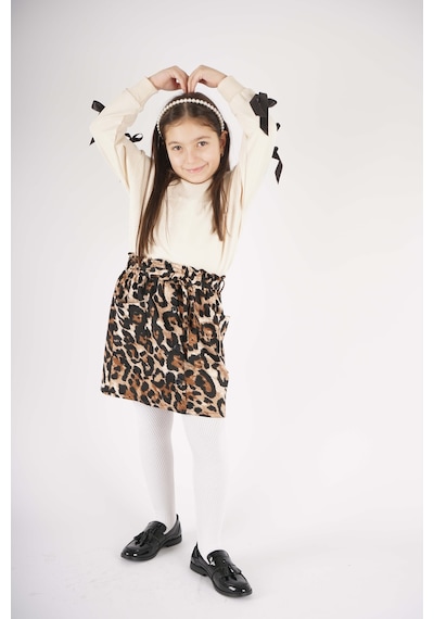Miniko Kids Kız Çocuk Leopar Cep Model Etekli Kol Detaylı Takım Ekru