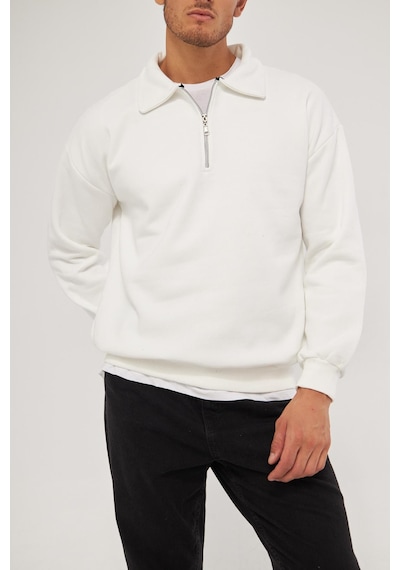 Ghassy Co. Erkek Polo Yaka Oversize Yarım Fermuarlı Sweatshirt 001 Beyaz