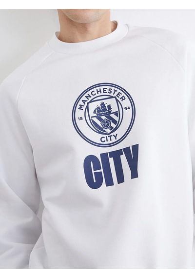 Lc Waikiki Beyaz Bisiklet Yaka Manchester City Baskılı Erkek Sweatshirt