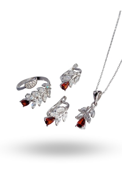 925 Ayar Gümüş Garnet Kırmızı Yaprak Tasarım Kolye Küpe Yüzük Kadın Set Gümüş