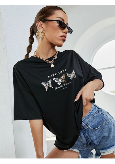 Unisex Kelebek Baskılı Oversize T-shirt 001