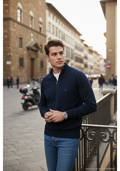Buratti Pamuklu Relaxed Fit Yarım Fermuarlı Dik Yaka Erkek Sweat 5901232 Lacivert