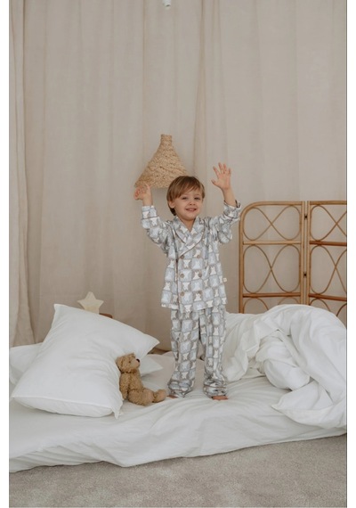 Oh La La Koala Kedi Desenli Yaka Detaylı Çocuk Pijama Takımı Sütlü Kahve
