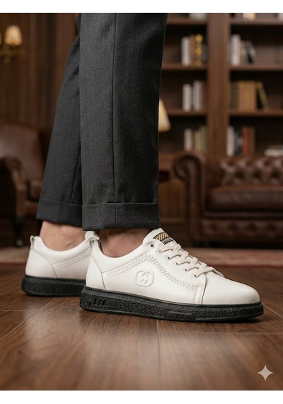 Baloğlu 1980 Beyaz-siyah Hakiki Deri Günlük Erkek Sneaker Ayakkabı Beyaz