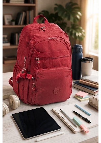 İmaks Büyük Boy 47 Cm Krinkıl Su Geçirmez Hafif Çok Gözlü Spor, Seyahat, Okul, Laptop Sırt Çantası 9-1b Kırmızı