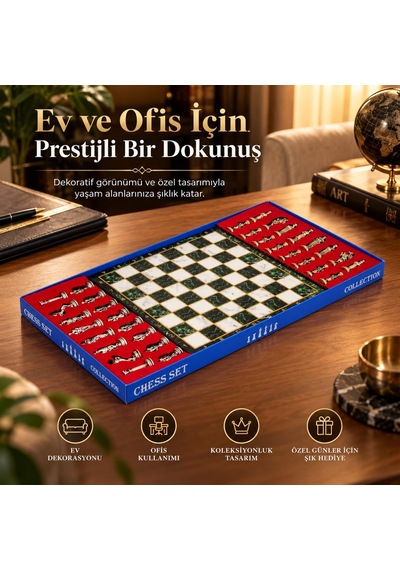 Lüks Metal Satranç Takımı Osmanlı Bizans Figürlü Krom Yeşil Mermer Desenli 20x20 Premium Hediye Seti