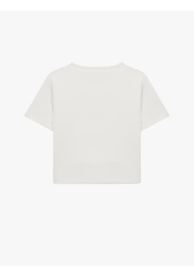 Koton Baskılı Kısa Kollu Bisiklet Yaka Pamuklu Crop Tişört Ekru 6skg10473ak