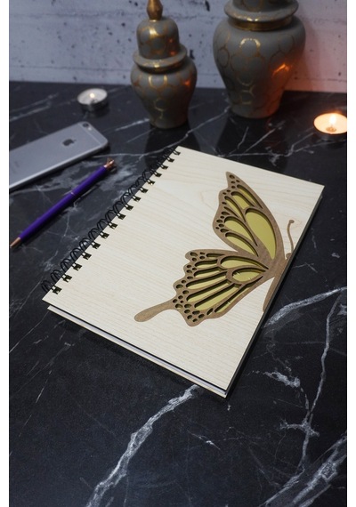 Kelebek Desenli Ahşap Kapaklı Defter - Ajanda - Günlük - Çizgisiz Defter - A5 Notebook
