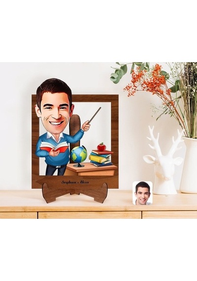 Kişiye Özel Erkek Sınıf Öğretmeni Karikatürlü Ahşap Standlı 3D Bi