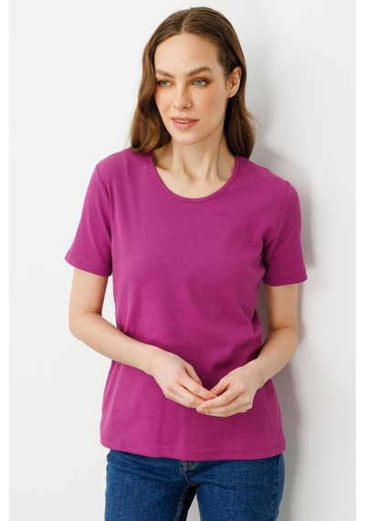 Kadın Sıfır Yaka Kısa Kol Pamuk Kaşkorse T-shirt Sıklamen pembe