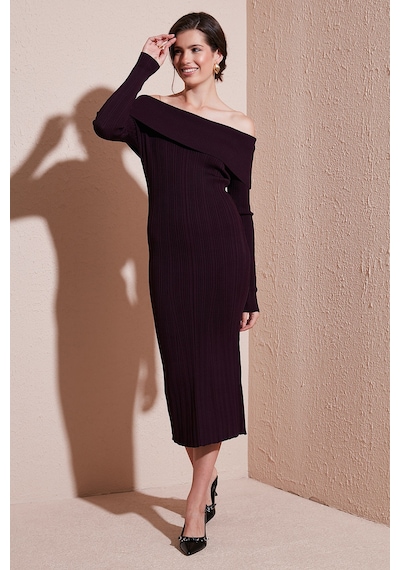 Lela Premium Fitilli Carmen Yaka Slim Fit Midi Boy Triko Bayan Elbise 680El00033 Mürdüm Lela Premium Fitilli Carmen Yaka Slim Fit Midi Boy Triko Bayan Elbise 680El00033 Mürdüm
