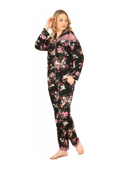 Jiber Kadın Viskon Önü Düğmeli Desenli Kışlık Pijama Takımı 3903 - 1 Adet 001