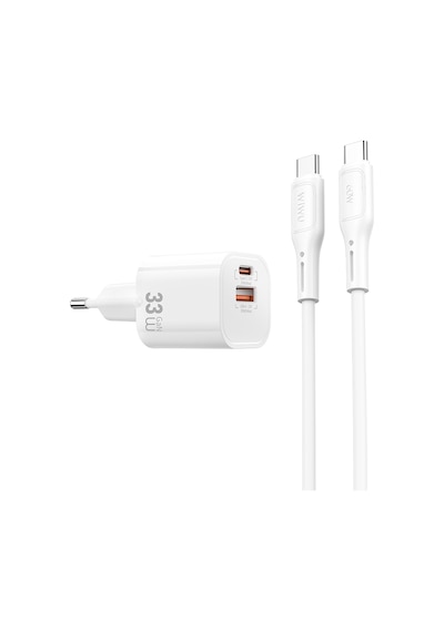 Wiwu Wi-g018 Cube Serisi Type-c To Type-c Gan Tech Pd Hızlı Şarj Kablolu Şarj Seti 33w Beyaz