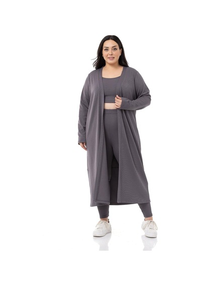 Disentis Büyük Beden Fitilli Crop Body Tayt Hırka Üçlü Koyu Gri Takım-koyu Gri Koyu Gri