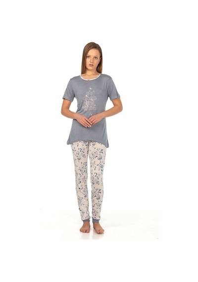 Vishenka Vıshenka Kadın Viskon Likrasız Baskılı Pijama Takımı Gri